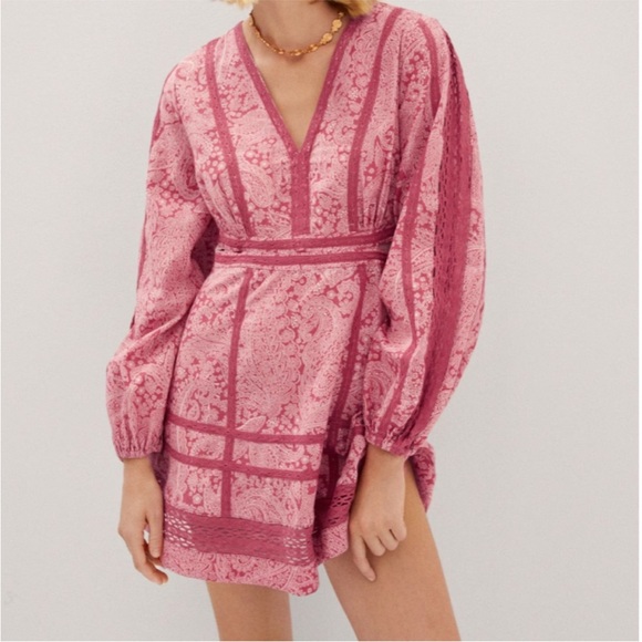 Mango Linen Cotton Blend Pink Cream Paisley Puff Long Sleeve Cutout Mini Dress
